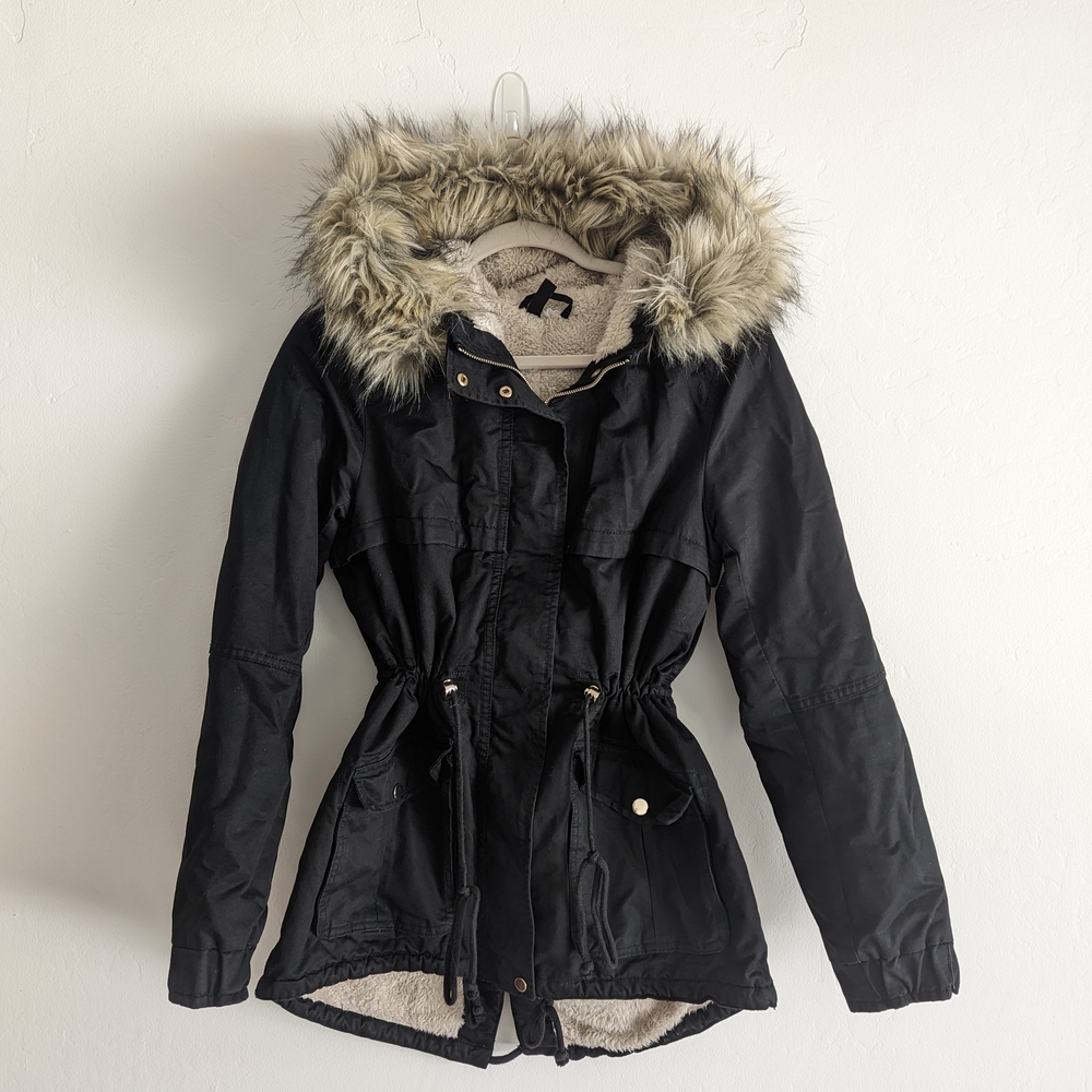 Divided Black Utility Jacket with Faux Fur Hood